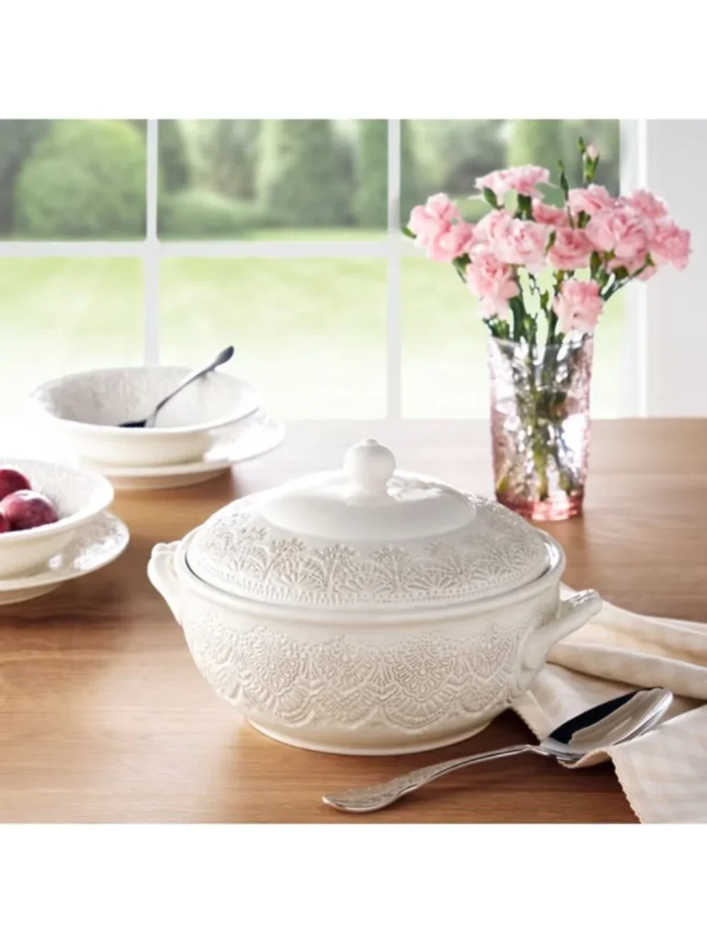 The Woman Pioneer Home Off-White Intricate Vintage Lace Linen Stoneware Tureen